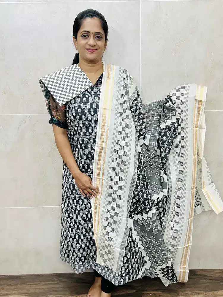 Printed cottton top paired with a printed cotton dupatta and cotton bottom