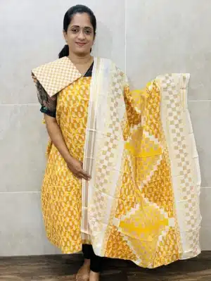 Printed cottton top paired with a printed cotton dupatta and cotton bottom