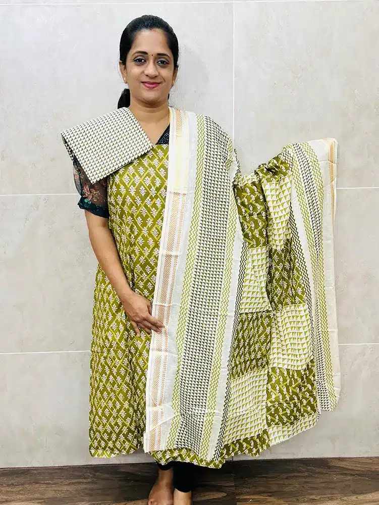 Printed cottton top paired with a printed cotton dupatta and cotton bottom