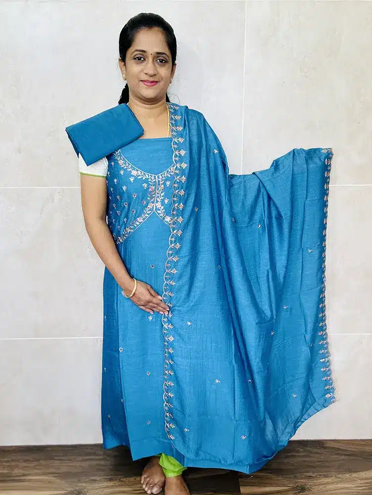 Light copper sulphate blue - Embroidered soft silk top (alia cut patterned yoke) paired with soft silk dupatta and silk bottom