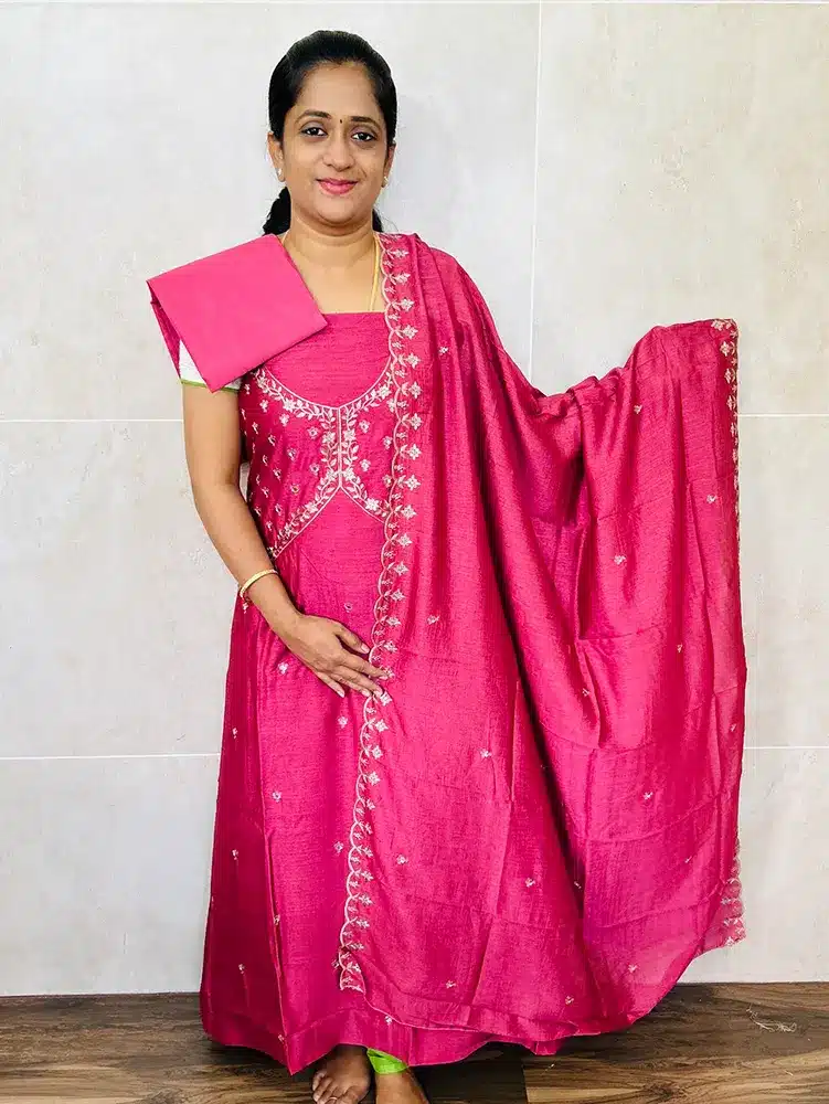Onion pink - Embroidered soft silk top (alia cut patterned yoke) paired with soft silk dupatta and silk bottom