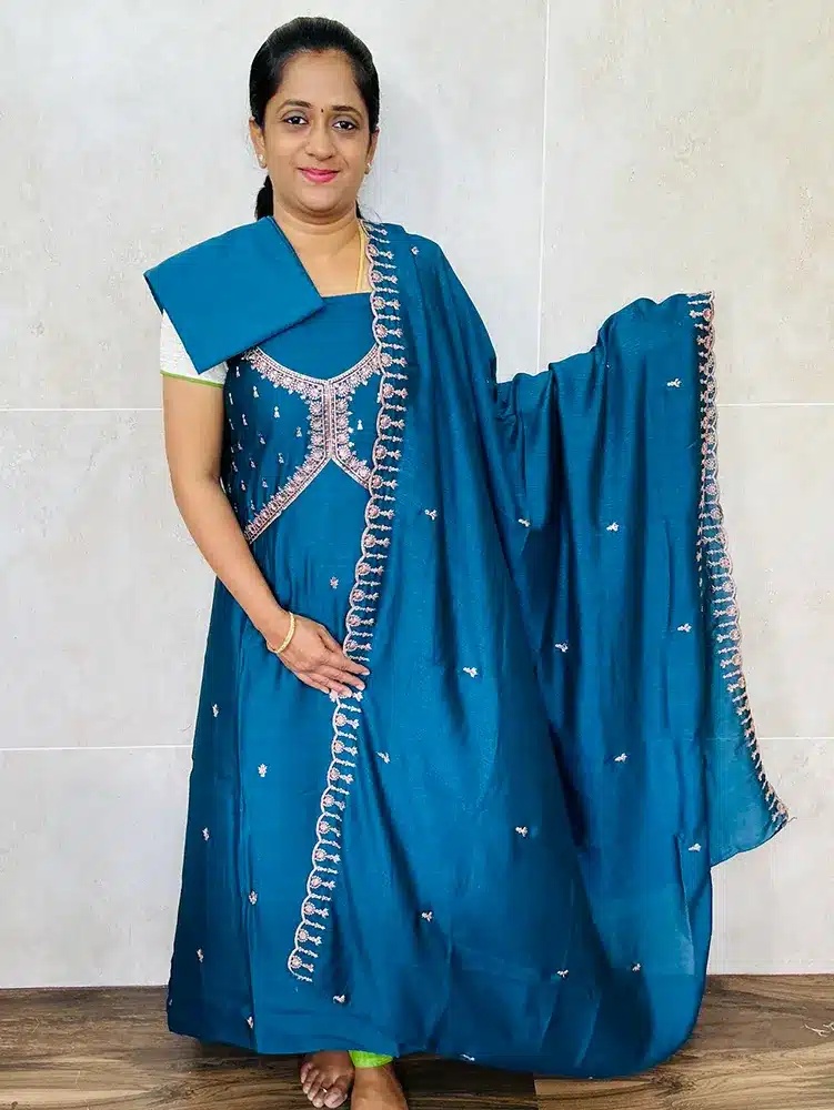 Peacock blue - Embroidered soft silk top (alia cut patterned yoke) paired with soft silk dupatta and silk bottom
