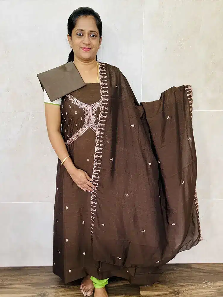 Brown - Embroidered soft silk top (alia cut patterned yoke) paired with soft silk dupatta and silk bottom