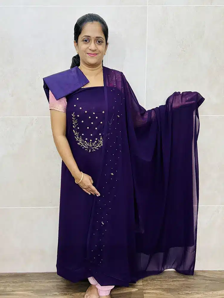 Georgette top with embroidered yoke paired with embroidered Georgette dupatta and silk bottom