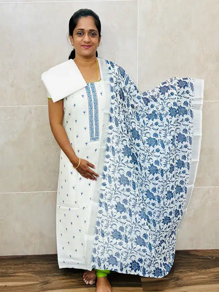 Printed linen cotton top with linen cotton dupatta and cotton silk bottom