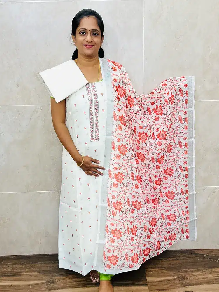Printed linen cotton top with linen cotton dupatta and cotton silk bottom