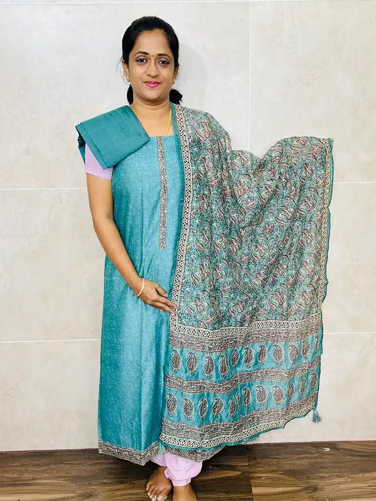 Printed Maheshwari silk top with Kantha stitched Maheshwari silk dupatta and cotton silk bottom
