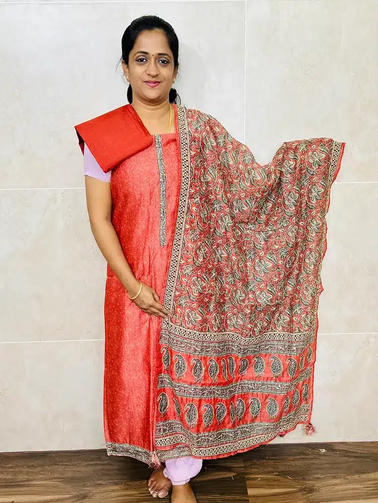 Printed Maheshwari silk top with Kantha stitched Maheshwari silk dupatta and cotton silk bottom
