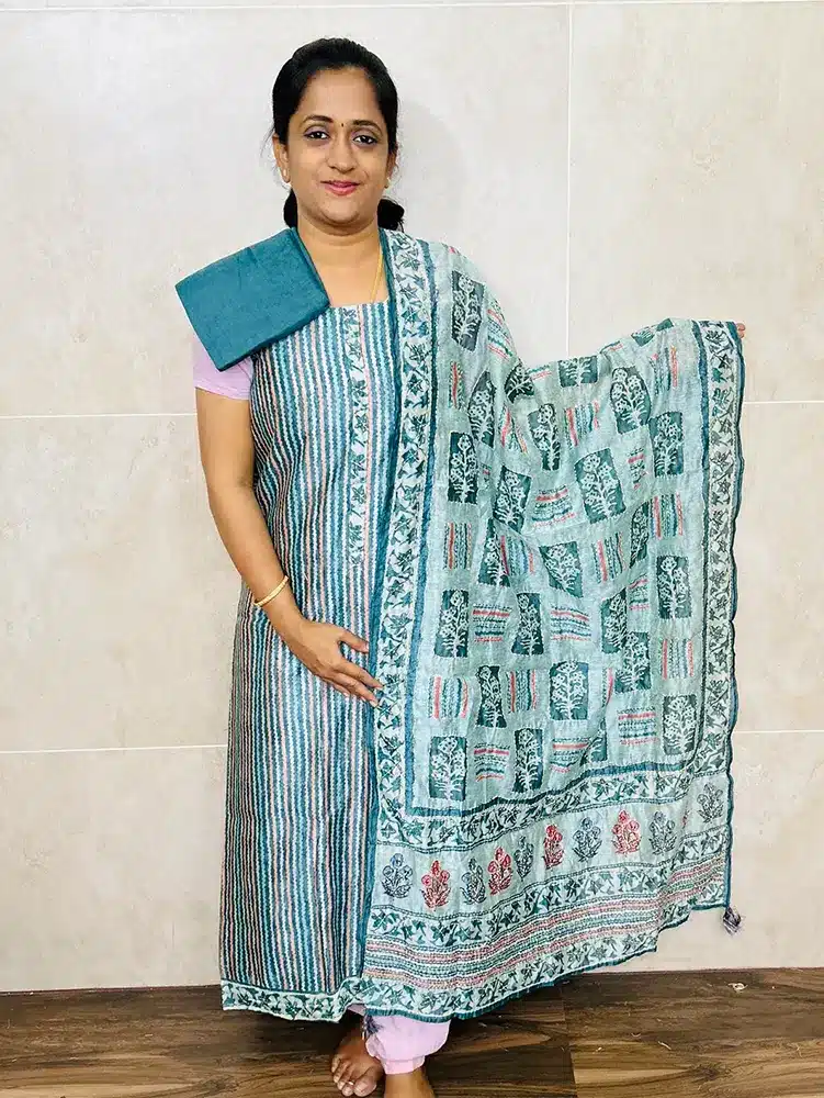 Printed Maheshwari silk top with Kantha stitched Maheshwari silk dupatta and cotton silk bottom