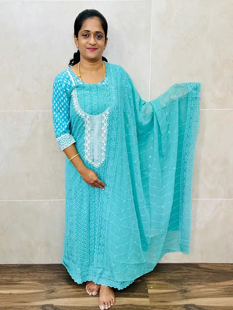 Chikankari embroidered Georgette top with georgette dupatta and crepe bottom (lining included)
