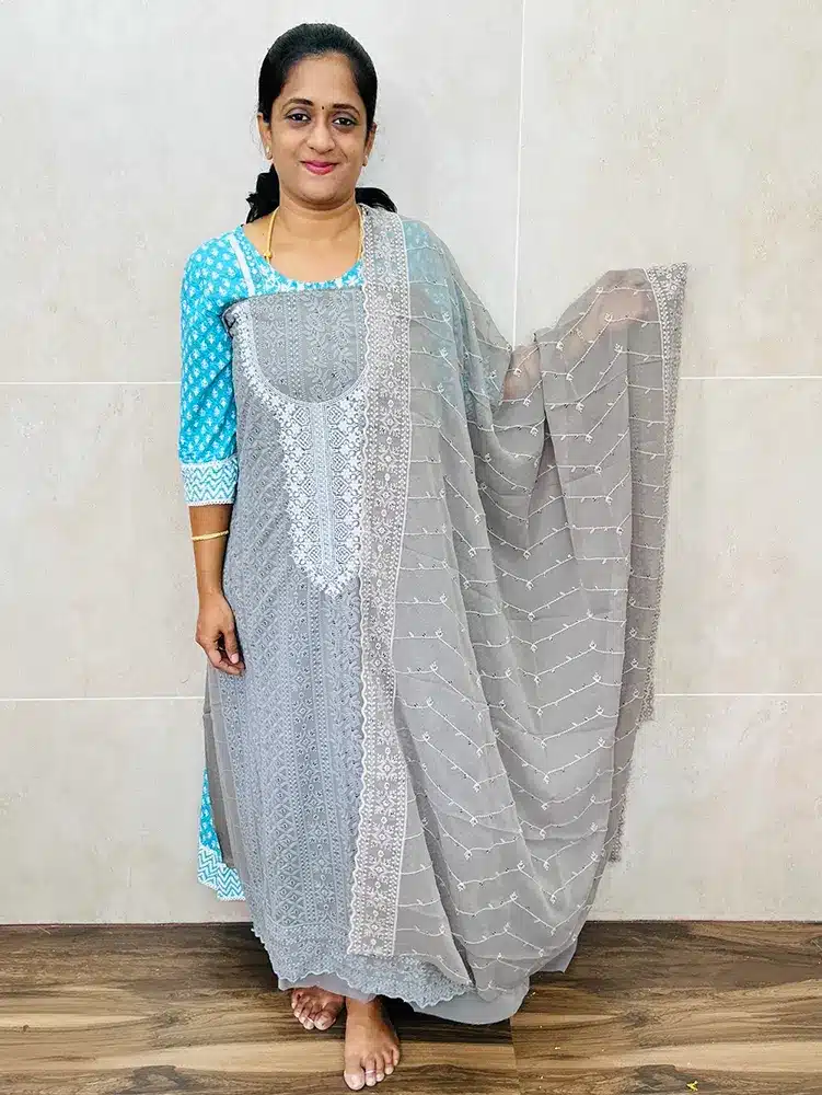 Chikankari embroidered Georgette top with georgette dupatta and crepe bottom (lining included)