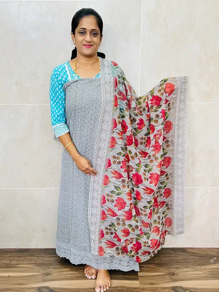 Chikankari embroidered Georgette top with georgette dupatta and crepe bottom (lining included)