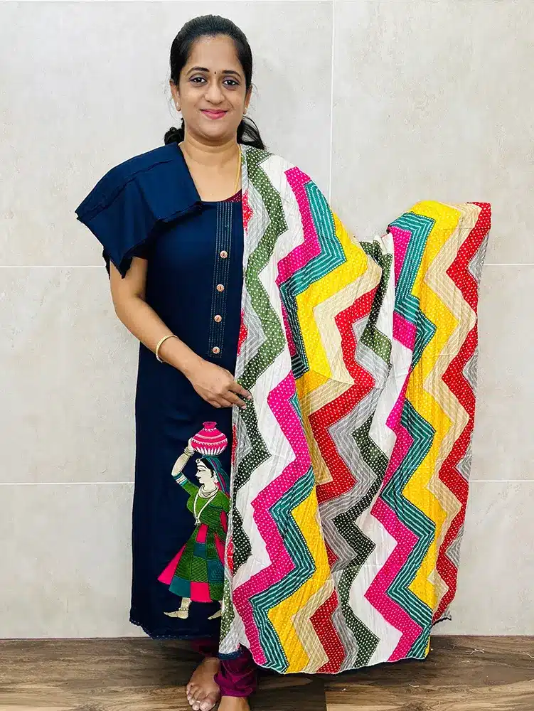 (Navy Blue) Rayon top with embroidered Daman paired with printed crush silk dupatta and rayon bottom