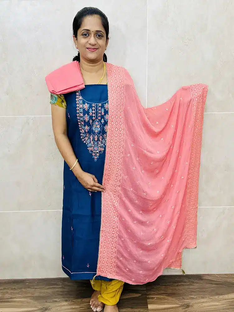 Premium muslin silk top with embroidered Georgette dupatta and cotton bottom