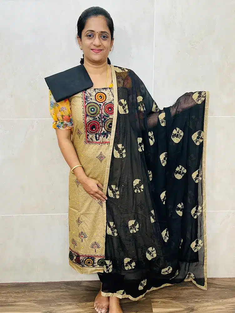 Printed cotton top with chiffon dupatta and cotton bottom