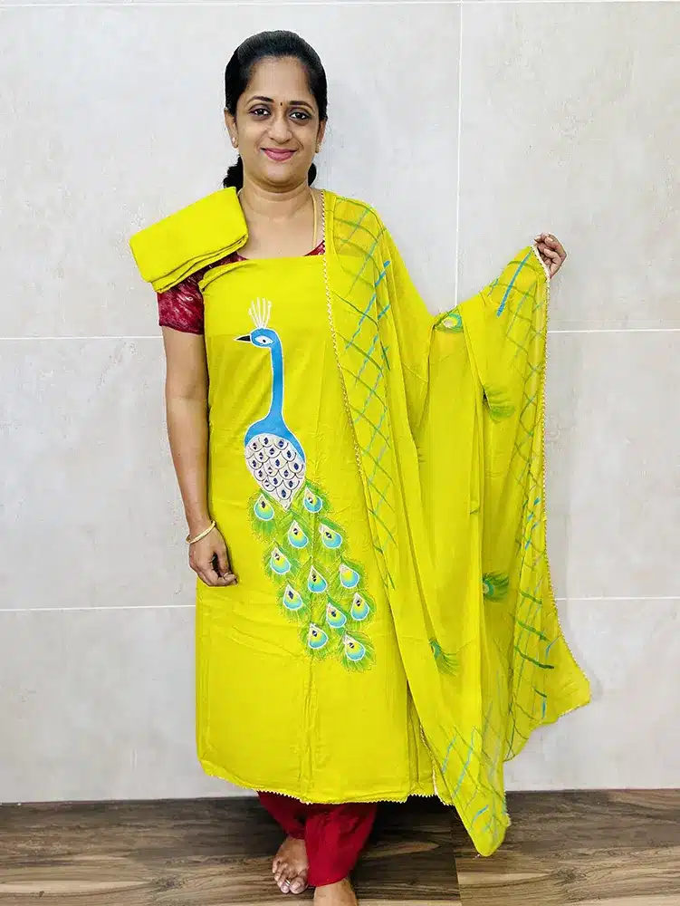 Rayon top with beautiful brush paint work paired with chiffon dupatta and rayon bottom