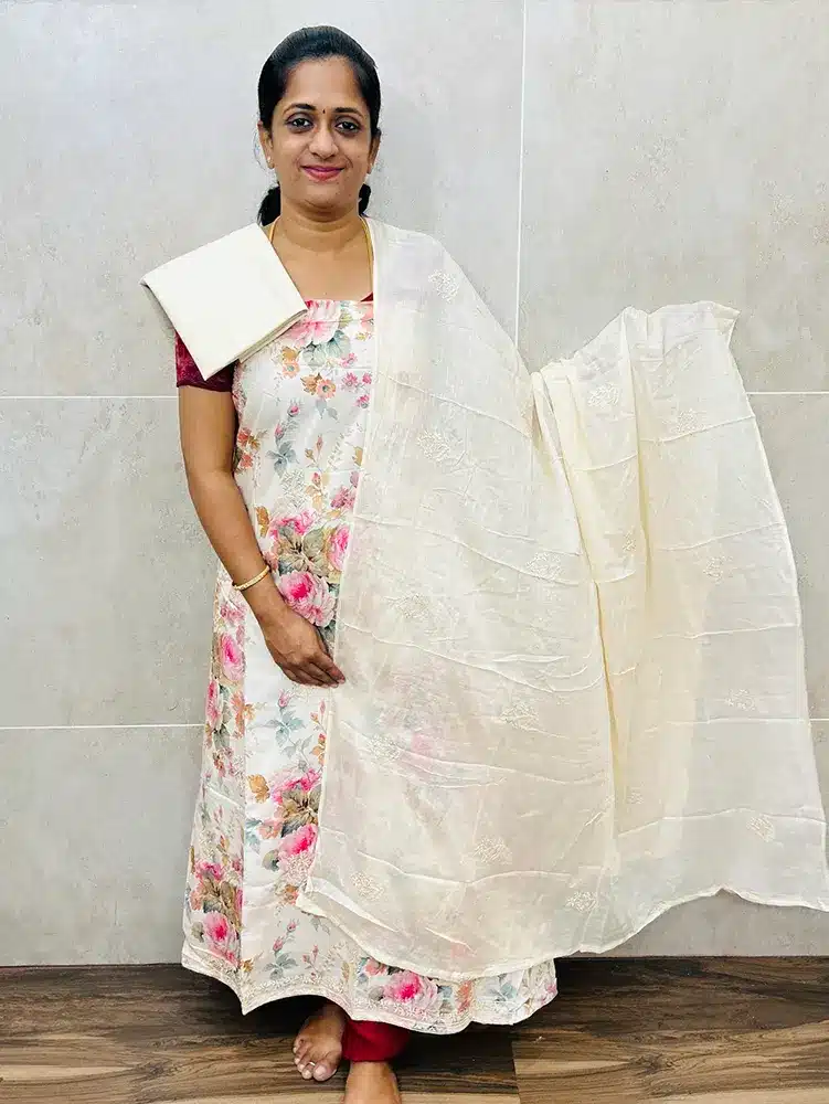 Digital printed modal silk top with embroidered soft cotton dupatta and cotton bottom
