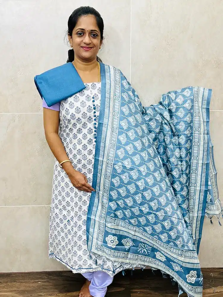 Printed cotton top with Bhagalpur silk dupatta and cotton bottom