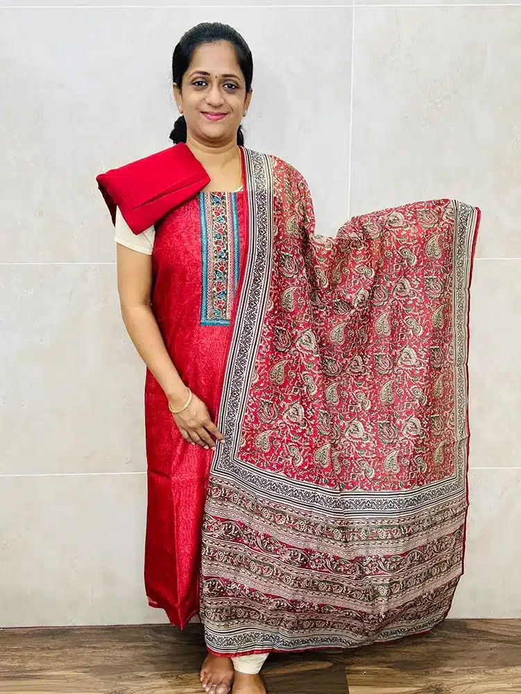 Premium Maheshwari silk top with handwork on yoke paired with printed Maheshwari silk dupatta and cotton silk bottom