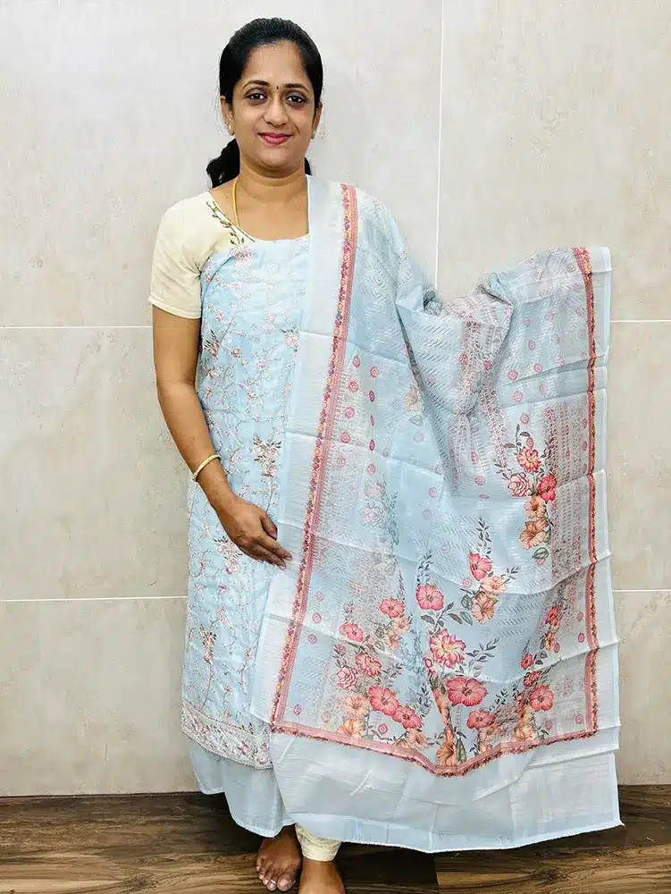 Premium Chanderi silk top with allover embroidery paired with digital printed Benaras silk dupatta cotton silk bottom