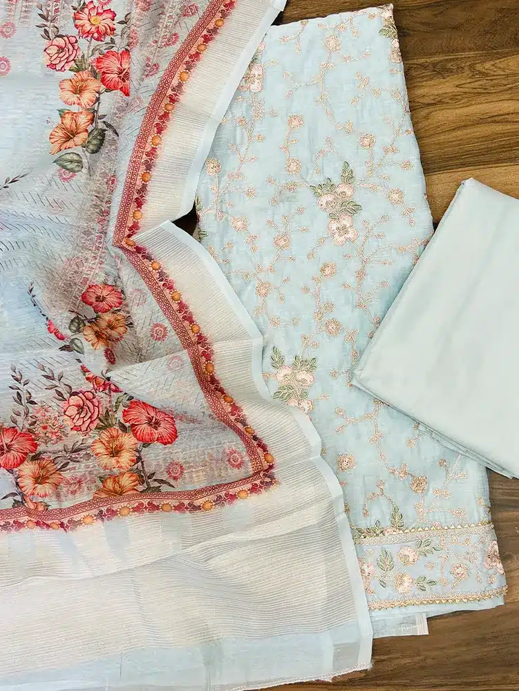 Premium Chanderi silk top with allover embroidery paired with digital printed Benaras silk dupatta cotton silk bottom - Image 2