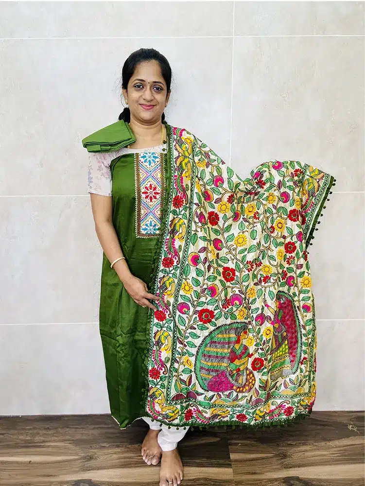 Soft cotton top paired with Phulkari dupatta and cotton bottom