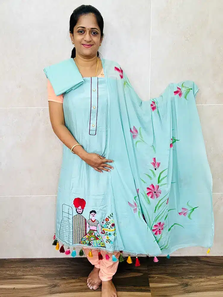 Premium muslin silk top with beautiful embroidery work paired brush painted chiffon dupatta and silk bottom