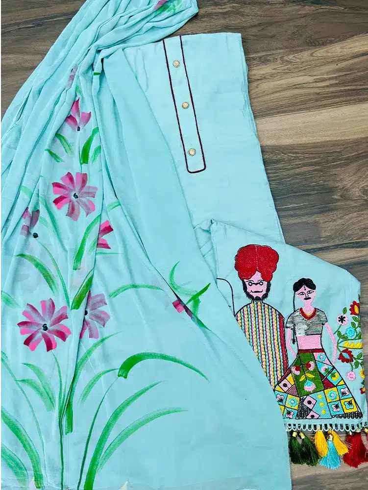 Premium muslin silk top with beautiful embroidery work paired brush painted chiffon dupatta and silk bottom - Image 2
