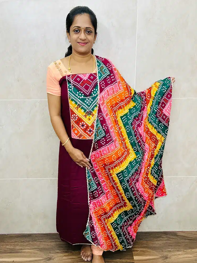 (Maroon) Soft Cotton top with mirror worked bhandini patch work on yoke paired with bhandini silk dupatta and rayon bottom