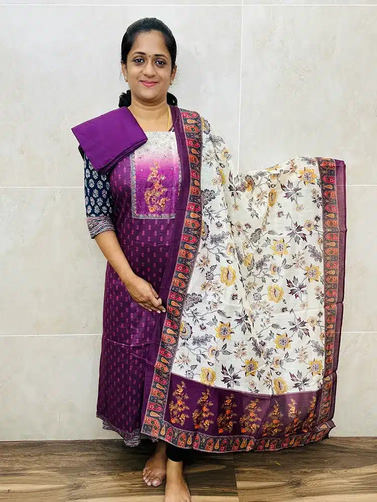 Cotton top with patchwork on yoke paired with printed soft Chanderi silk dupatta and cotton silk bottom