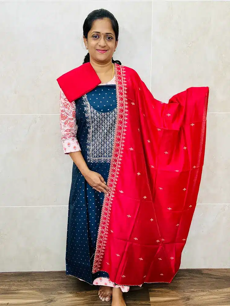 Soft Chanderi silk top with embroidered yoke paired with embroidered soft silk dupatta and cotton bottom