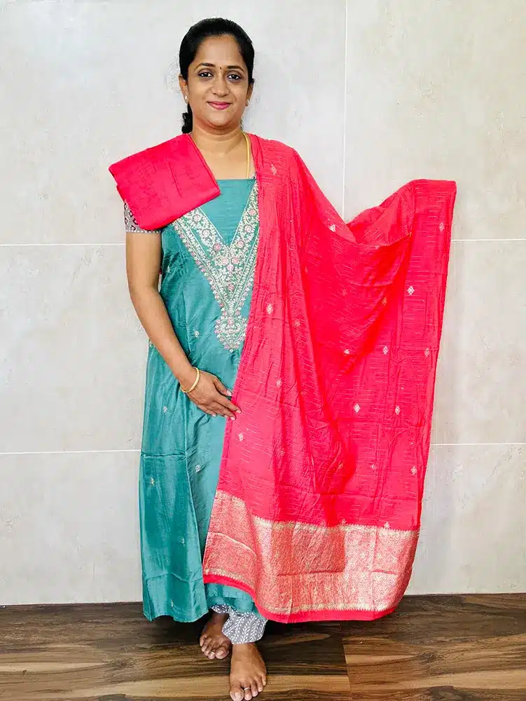 Pure Uppada silk top with embroidered yoke paired with zari weaved soft silk dupatta and cottage silk bottom - Image 2