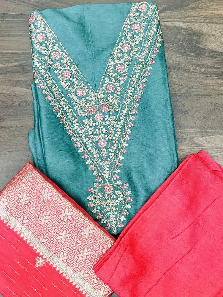 Pure Uppada silk top with embroidered yoke paired with zari weaved soft silk dupatta and cottage silk bottom