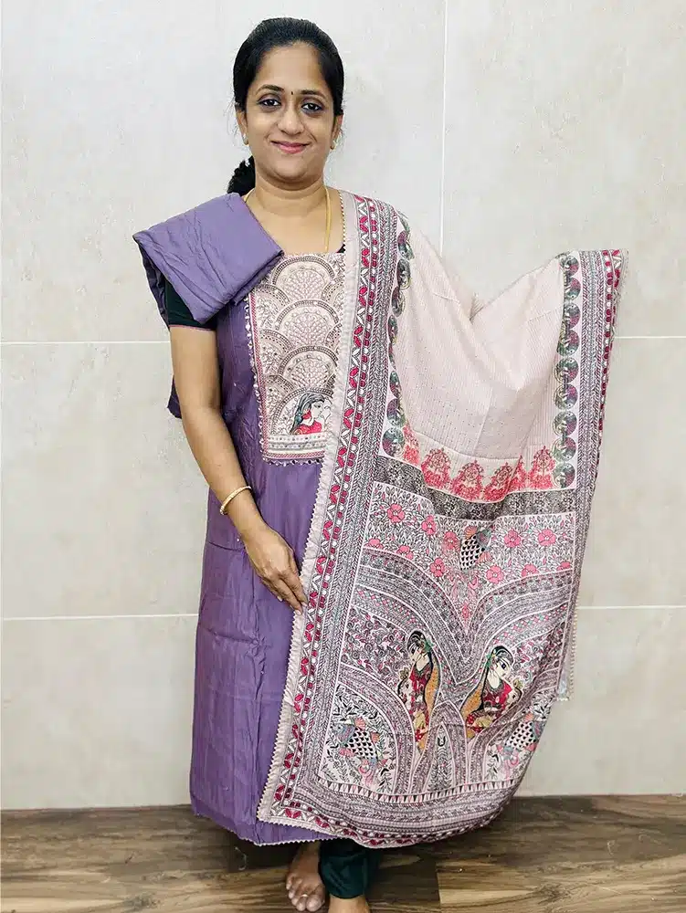 Premium muslin silk top with madhubhani patchwork and mirrorworked yoke paired with soft silk dupatta and cotton silk bottom - Image 2