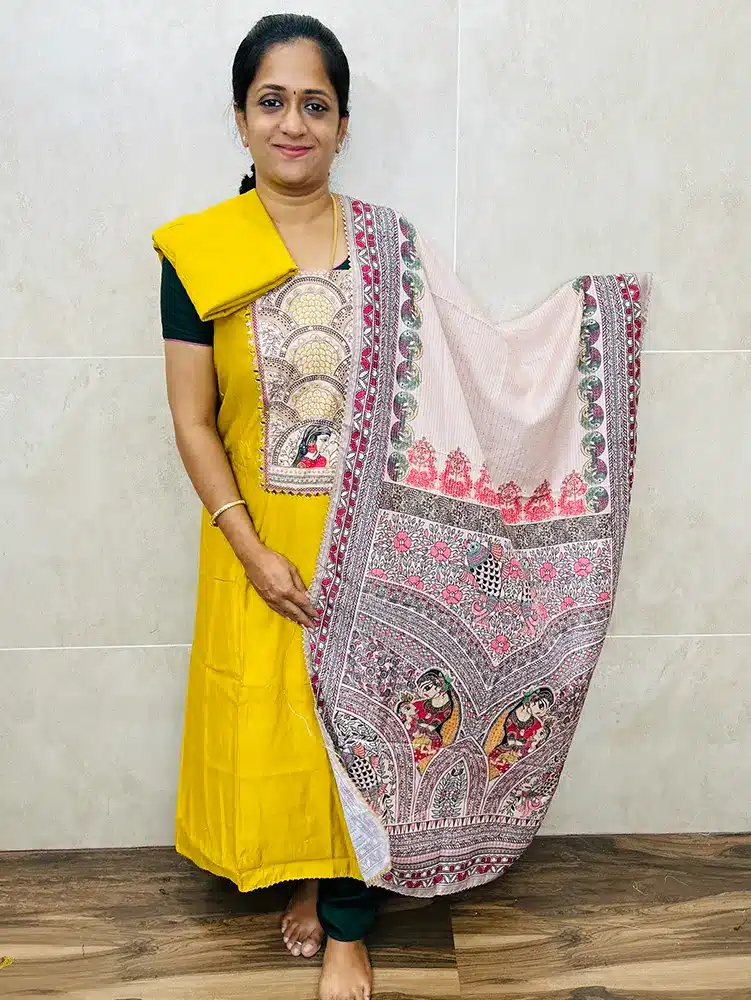 Premium muslin silk top with madhubhani patchwork and mirrorworked yoke paired with soft silk dupatta and cotton silk bottom - Image 2