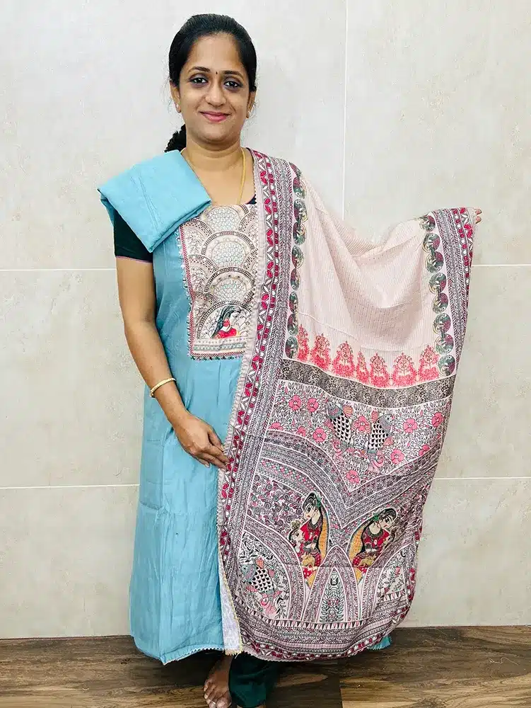 Premium muslin silk top with madhubhani patchwork and mirrorworked yoke paired with soft silk dupatta and cotton silk bottom - Image 2
