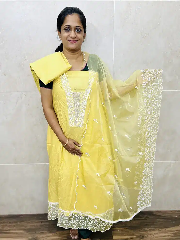 Premium Soft cotton top with beautifully embroidered yoke paired with organza dupatta and cotton bottom - Image 2