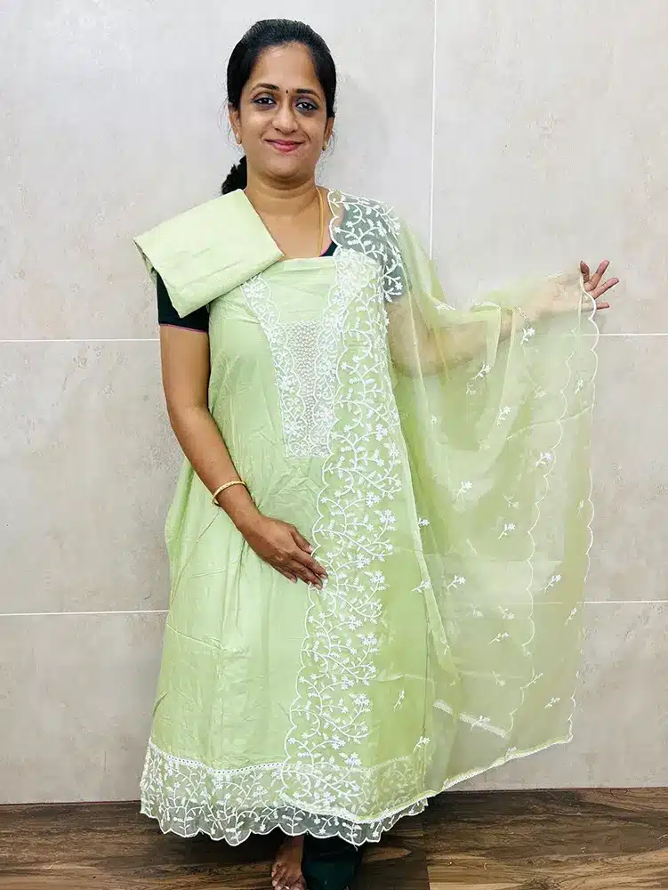 Premium Soft cotton top with beautifully embroidered yoke paired with organza dupatta and cotton bottom - Image 2