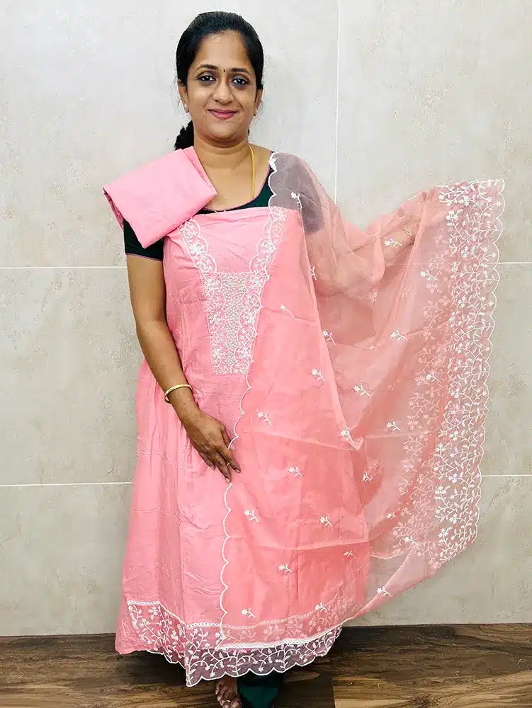 Premium Soft cotton top with beautifully embroidered yoke paired with organza dupatta and cotton bottom - Image 2