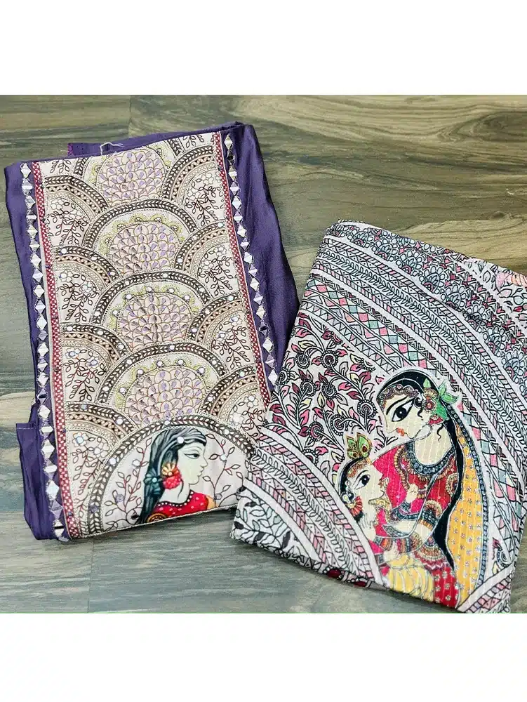 Premium muslin silk top with madhubhani patchwork and mirrorworked yoke paired with soft silk dupatta and cotton silk bottom