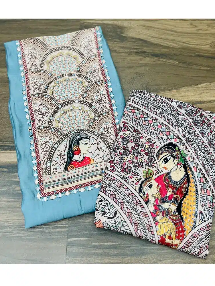 Premium muslin silk top with madhubhani patchwork and mirrorworked yoke paired with soft silk dupatta and cotton silk bottom
