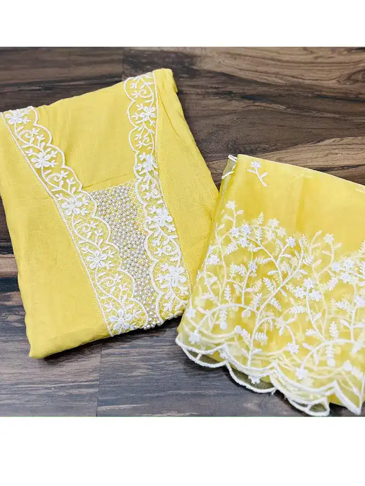 Premium Soft cotton top with beautifully embroidered yoke paired with organza dupatta and cotton bottom