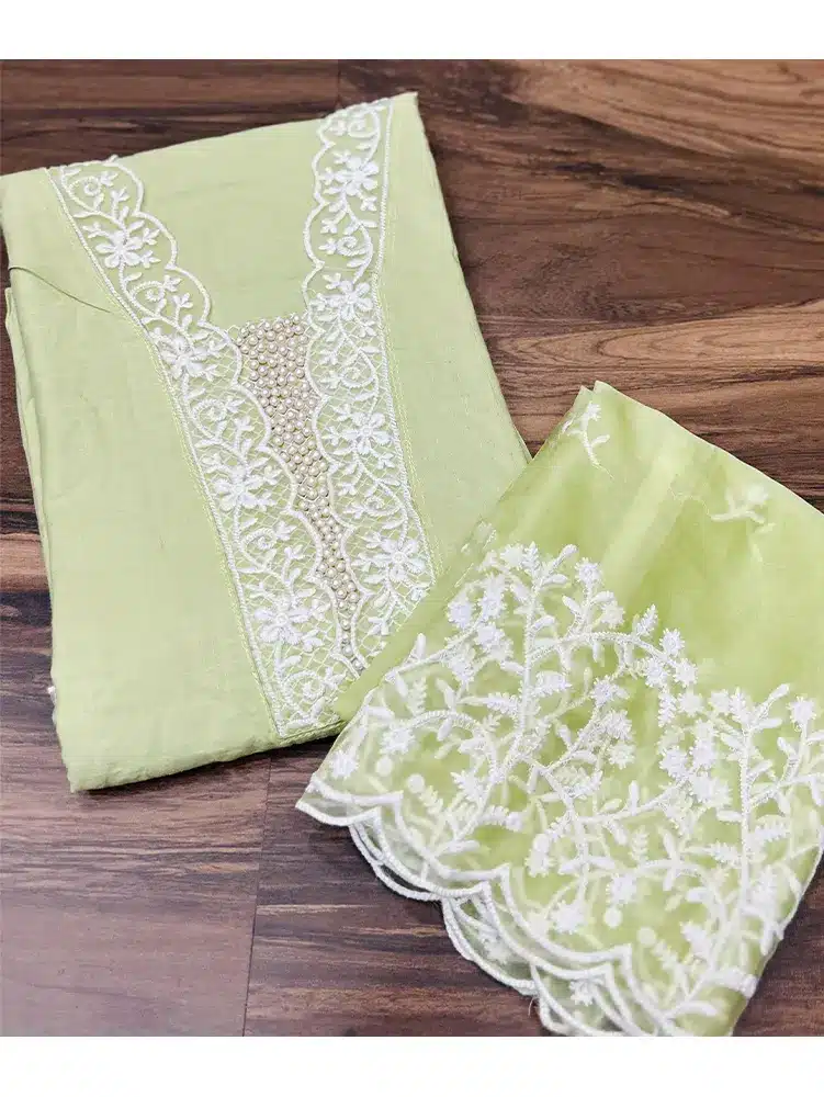 Premium Soft cotton top with beautifully embroidered yoke paired with organza dupatta and cotton bottom