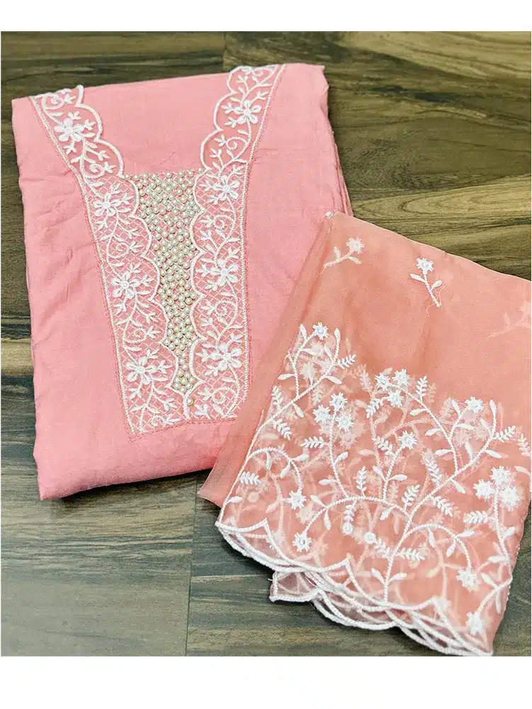 Premium Soft cotton top with beautifully embroidered yoke paired with organza dupatta and cotton bottom