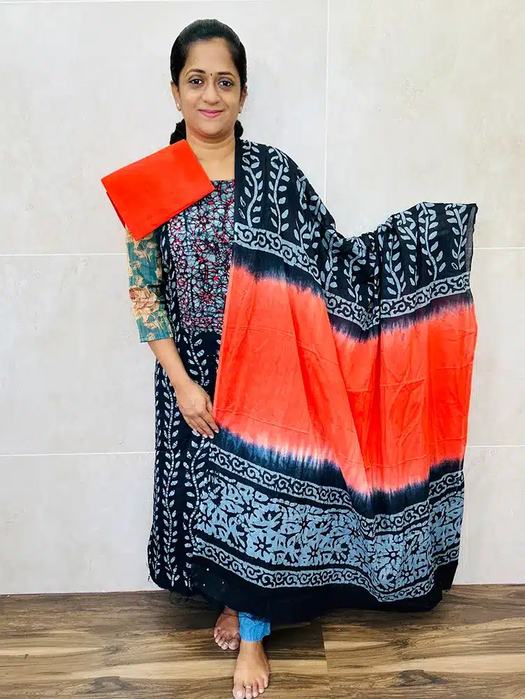 Batik printed cotton top with cotton dupatta and cotton bottom