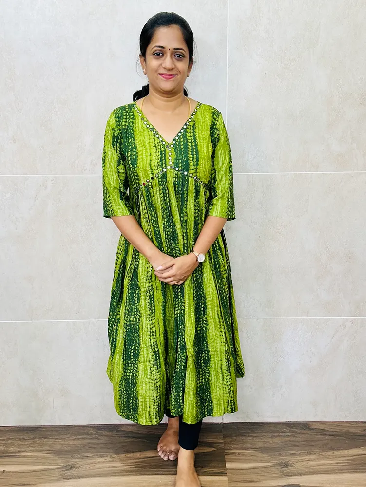 Shibori dyed Rayon Kurtis with mirror worked yoke (Alia Cut Pattern)