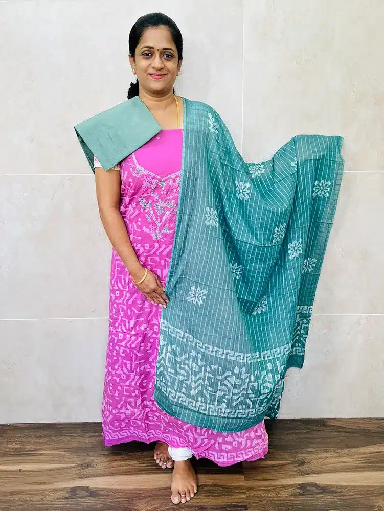 Batik printed cotton top with embroidered yoke paired with cotton dupatta and cotton bottom