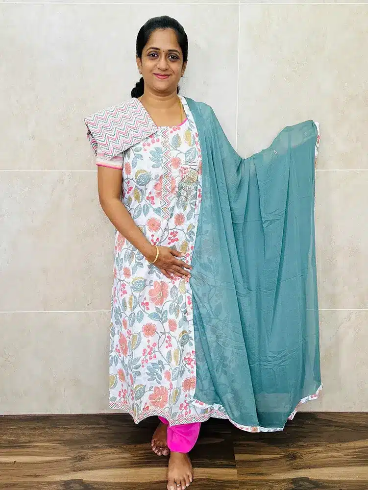 Printed cotton top with handwork on yoke paired with chiffon dupatta and cotton bottom