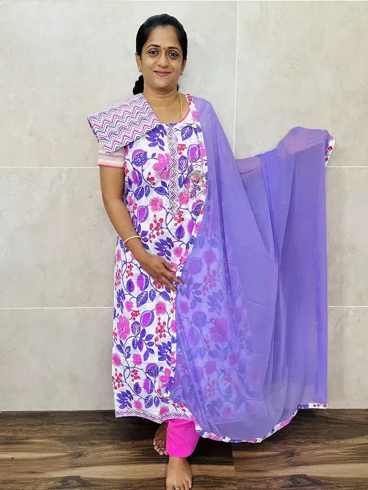 Printed cotton top with handwork on yoke paired with chiffon dupatta and cotton bottom