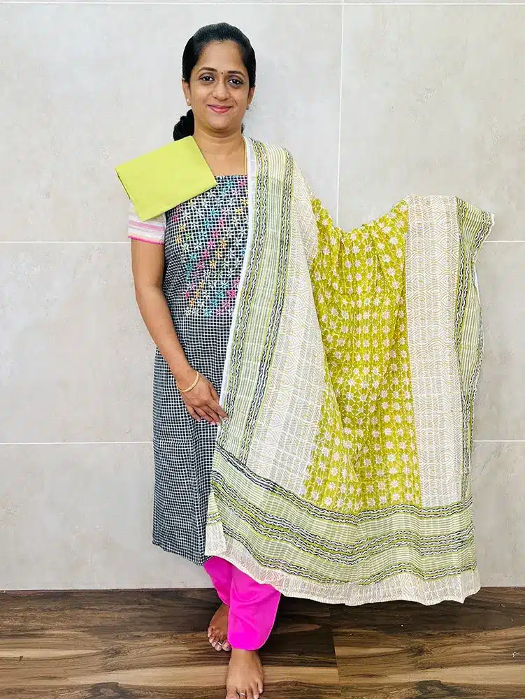 Pure cotton top with embroidered yoke paired with printed cotton dupatta and cotton bottom